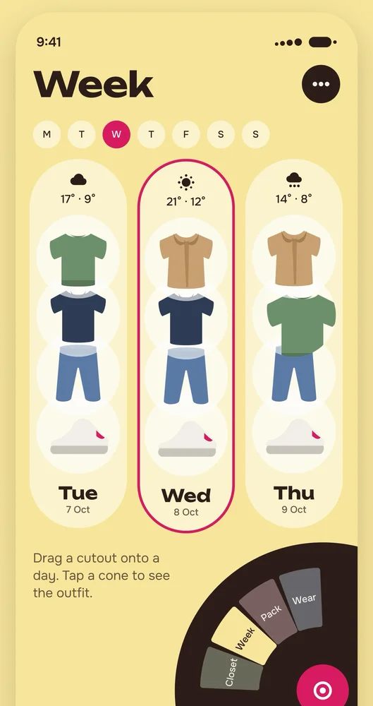 Wardrobe Scoop’s Week screen on a butter-yellow ground: Tuesday, Wednesday and Thursday as tall cones, each stacked with a top, trousers and sneakers, the weather and high and low temperatures at the tip. Wednesday has a raspberry rim. The Scoop dial sits bottom right.